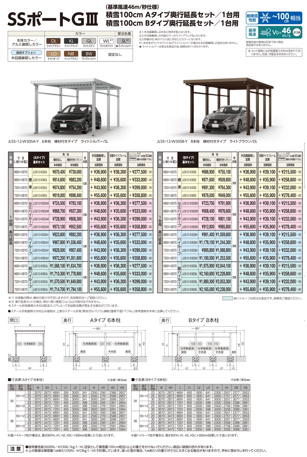 耐積雪100cmタイプ [JL55-12-W36SA｜サイズ6691mm x 3670mm｜Aタイプ奥行延長セット 1台用] ダイセン(Daisen) カーポート SSポートGIII - MisakaZoo