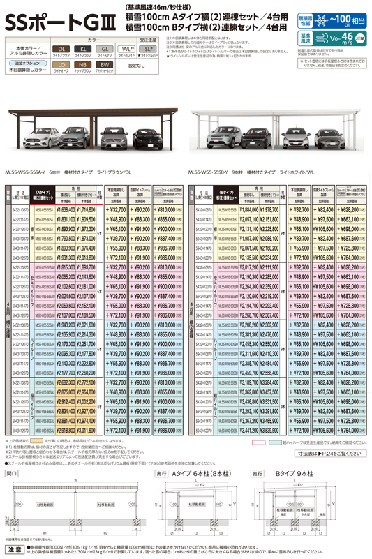 耐積雪100cmタイプ [ML55-W55-60SA｜サイズ5432mm x 11470mm｜Aタイプ横2連棟セット 4台用] ダイセン(Daisen) カーポート SSポートGIII - MisakaZoo