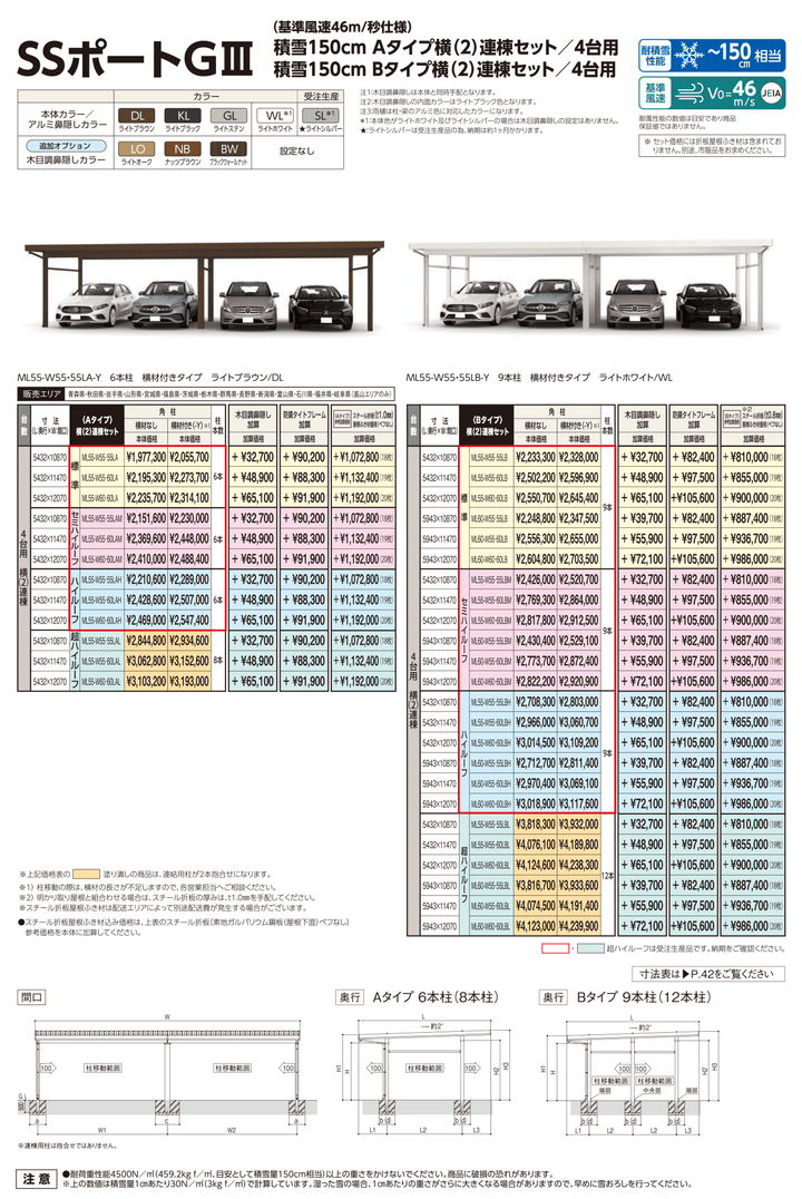 耐積雪150cmタイプ [ML55-W60-60LA｜サイズ5432mm x 12070mm｜Aタイプ横2連棟セット 4台用] ダイセン(Daisen) カーポート SSポートGIII - MisakaZoo