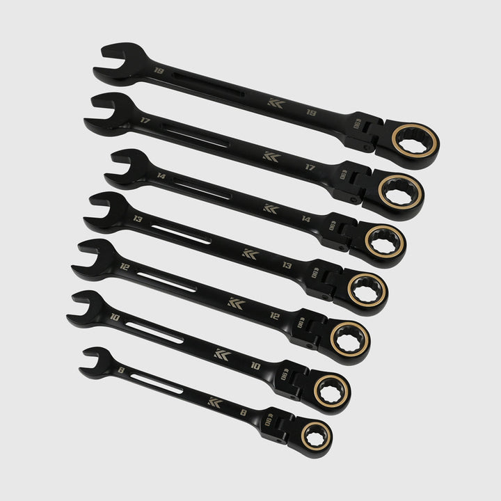 [CWL-7S-BG] KUROKIN 黒金(Black & Gold) 首振りラチェットコンビネーションレンチ7本セット 1セット