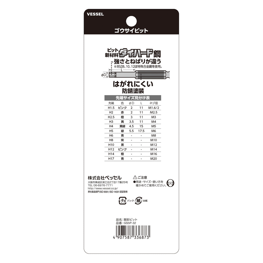 VESSEL 片頭ヘックス 剛彩ビット 5本組 GS5P-32