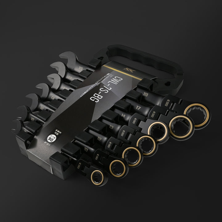 [CWL-7S-BG] KUROKIN 黒金(Black & Gold) 首振りラチェットコンビネーションレンチ7本セット 1セット
