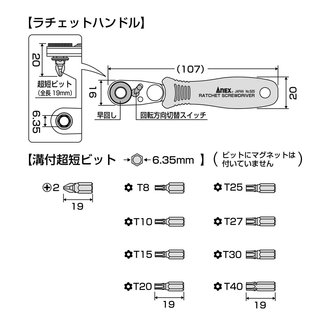 アネックス(Anex) 525-9T コンパクトビット・ラチェット52 超短へクスローブビットセット - MisakaZoo