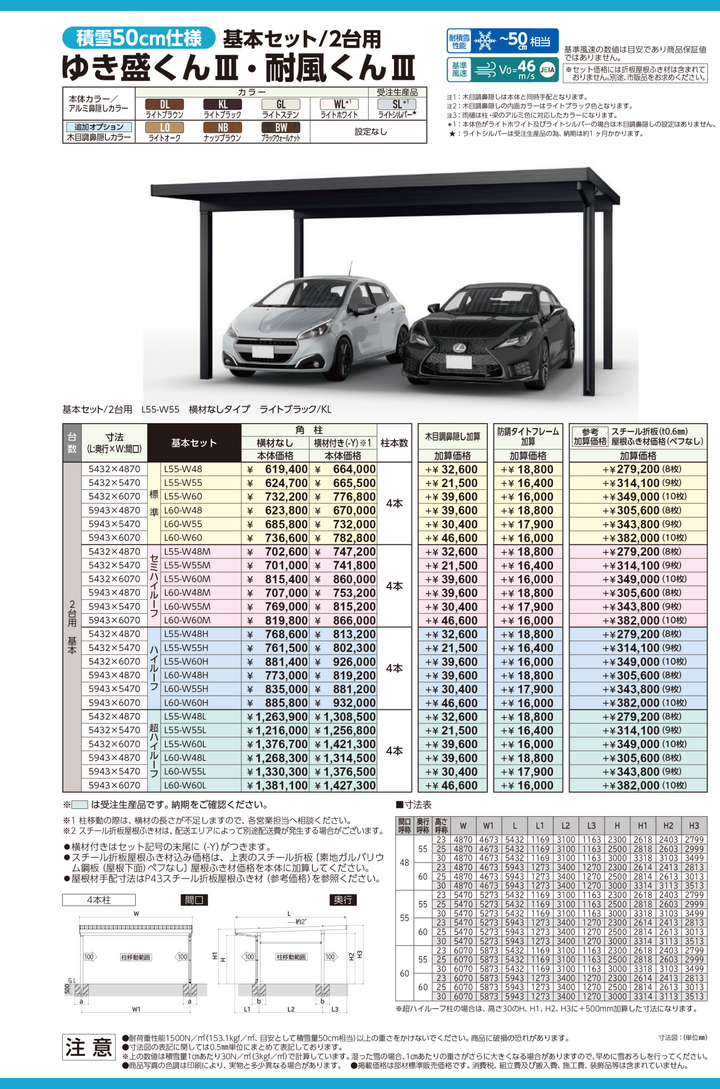 [サイズ5432mm x 4870mm] ダイセン(Daisen) カーポート ゆき盛くんIII・耐風くんIII  耐積雪50cmタイプ 基本セット 2台用